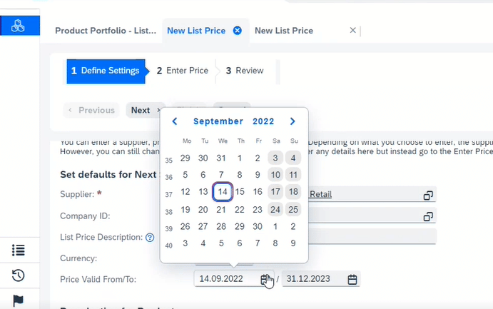 Selecting price valid dates for price list in SAP Business ByDesign