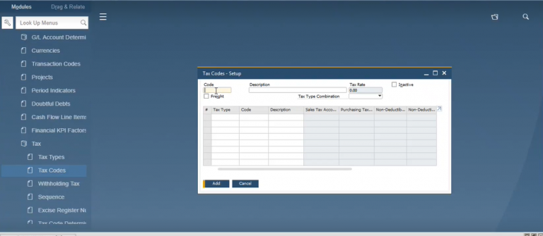 Fig2. Tax Code set up in SAP B1: Define New Tax Type Combination