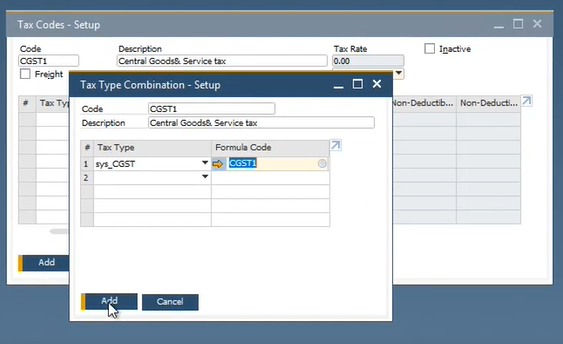 Fig. 8. Add newly added tax formula code to tax type combination.