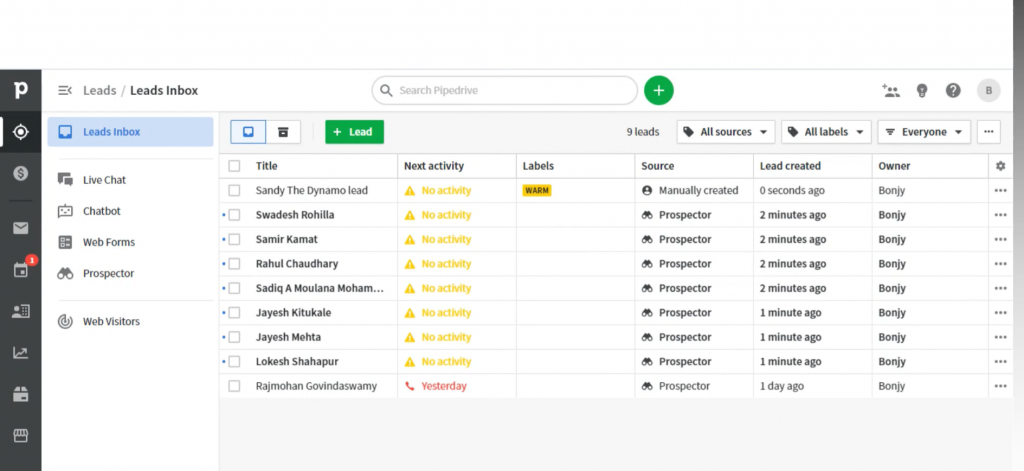 Lead module in Pipedrive for sales