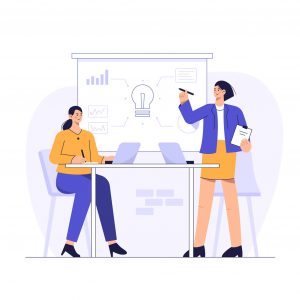 Management presents a work plan for employee optimization in the meeting room. vector illustration flat design