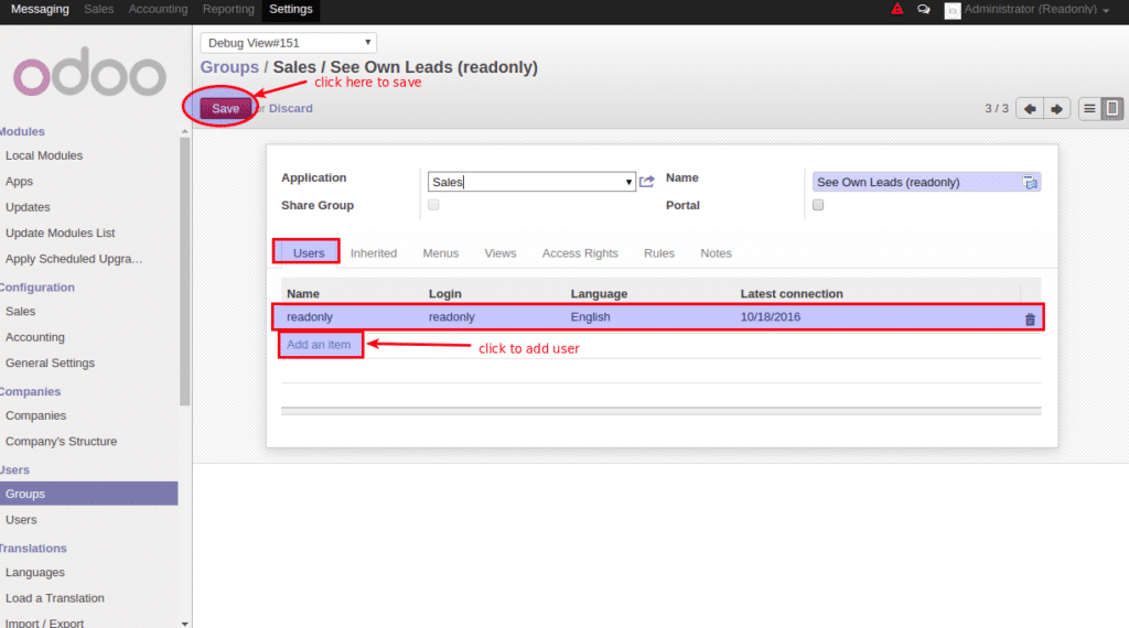 How to make read-only user in Odoo